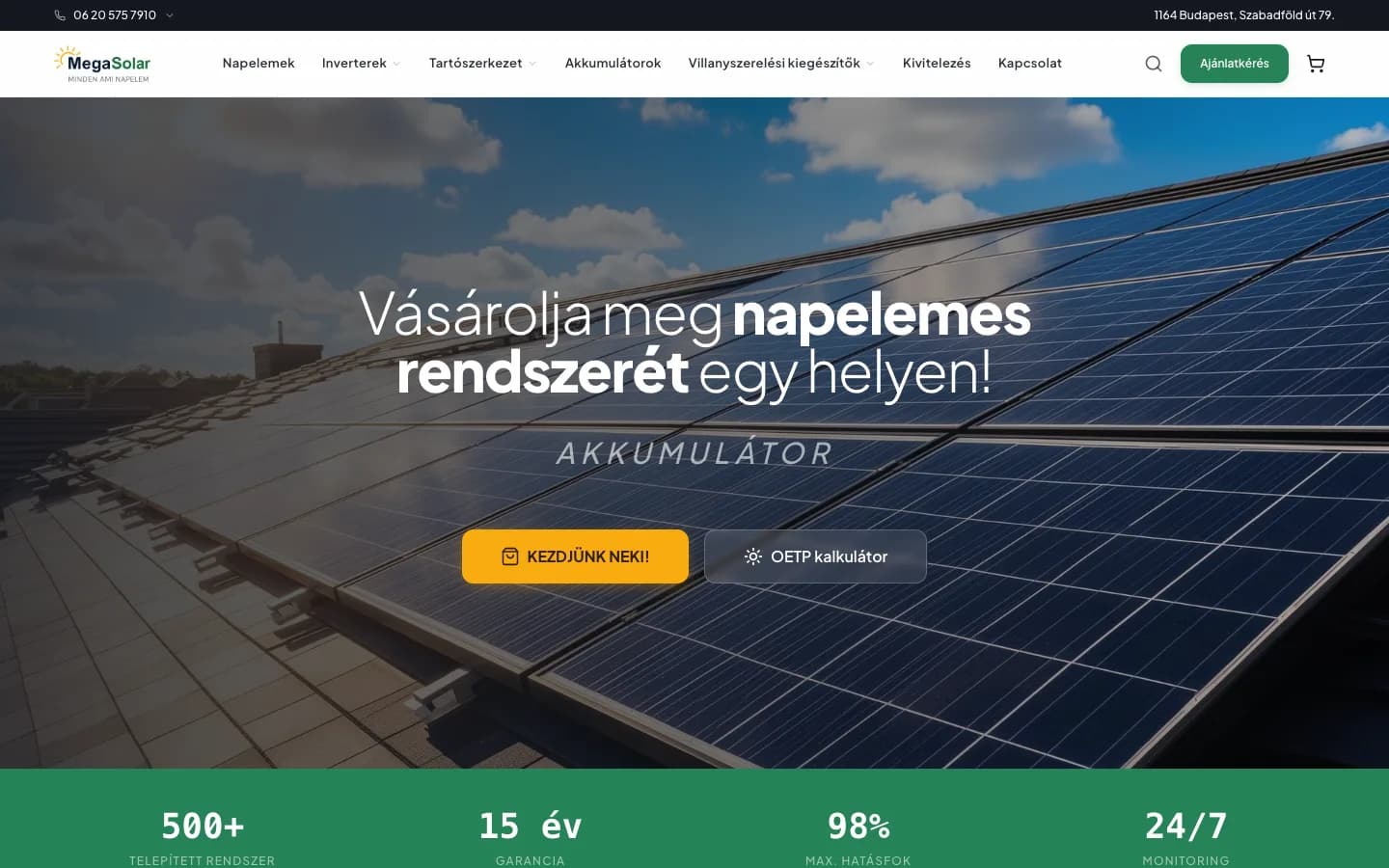 MegaSolar weboldalának nyitóképernyője