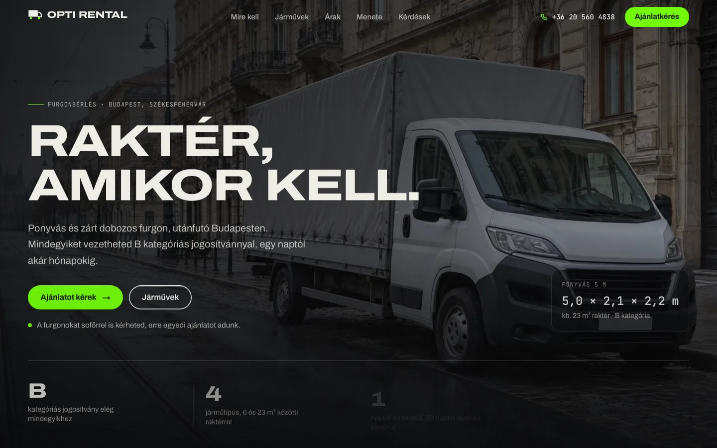 Opti Rental weboldalának nyitóképernyője